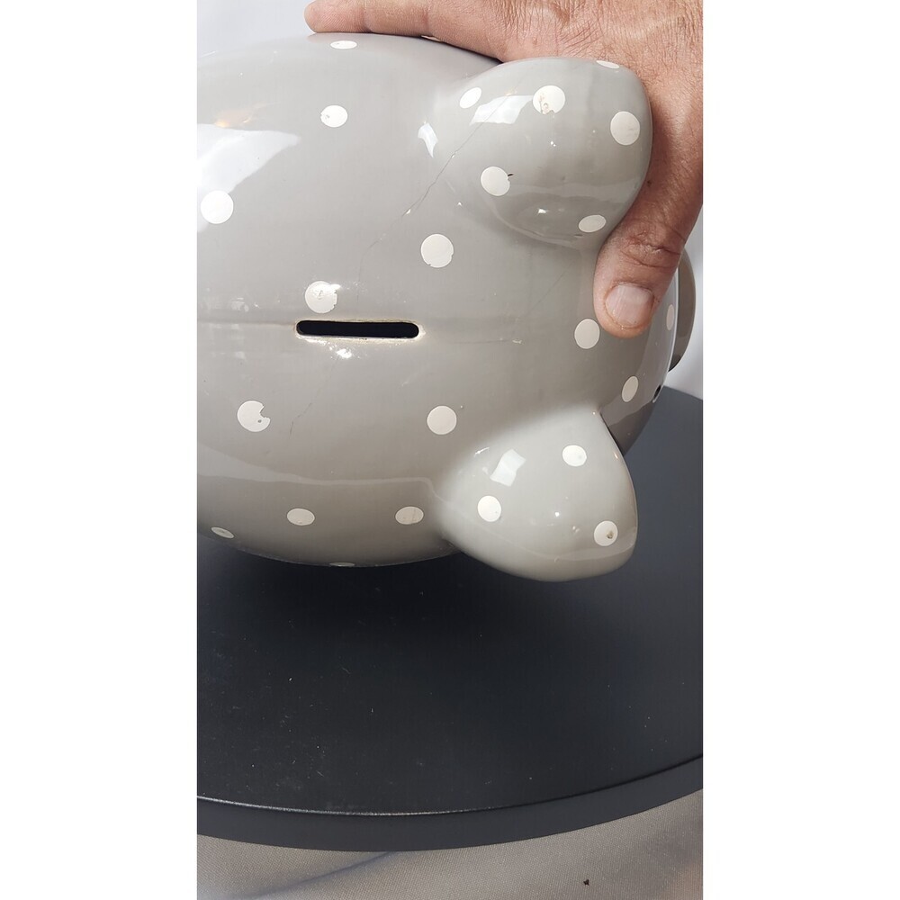 2020 Lila & Jack Brand Ceramic Gray W/white Polka Dot Piggy Bank - 7" Tall, 9" L - Picture 5 of 7